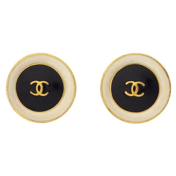 Chanel Button Earrings Clip-On Gold White Black - Picture 1 of 4